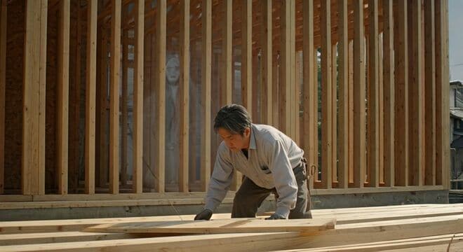 建築作業員の男性を見つめる女性の霊