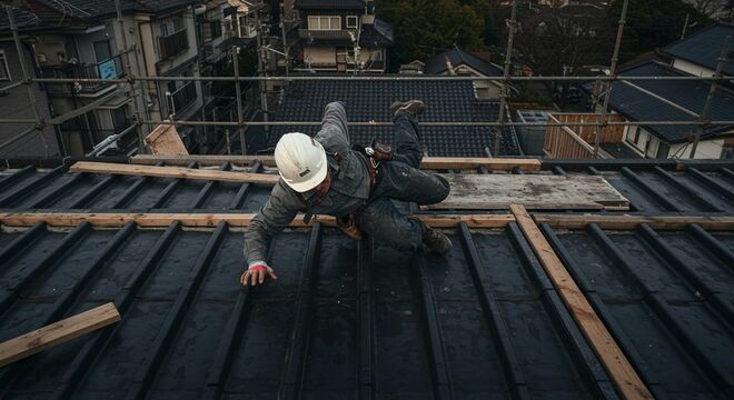 屋根から転落する建設業者の男性
